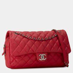 Pre Owned Chanel Red Jumbo Caviar Easy Flap Bag