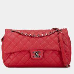 Pre Owned Chanel Red Jumbo Caviar Easy Flap Bag