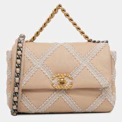 Pre Owned Chanel Beige/White Medium Crochet Calfskin 19 Flap