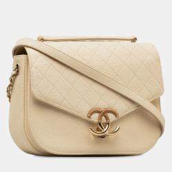 Pre Owned Chanel Beige Medium Caviar Paris Cuba Thread Around Flap