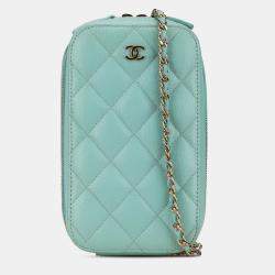 Pre Owned Chanel Blue CC Quilted Caviar Zip Phone Case