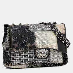 Pre Owned Chanel Black/White Jumbo PVC and Tweed Patchwork Single Flap