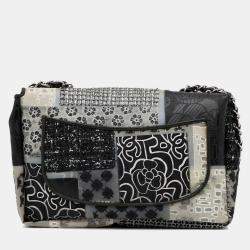 Pre Owned Chanel Black/White Jumbo PVC and Tweed Patchwork Single Flap