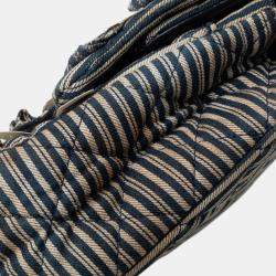Pre Owned Chanel Beige/Navy Blue Medium Cotton Striped Double Flap
