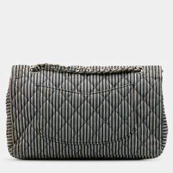 Pre Owned Chanel Beige/Navy Blue Medium Cotton Striped Double Flap