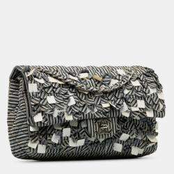 Pre Owned Chanel Beige/Navy Blue Medium Cotton Striped Double Flap