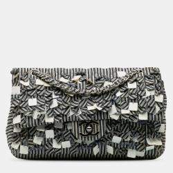Pre Owned Chanel Beige/Navy Blue Medium Cotton Striped Double Flap