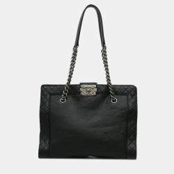 Pre Owned Chanel Black Medium Calfskin Boy Reverso Shopping Tote