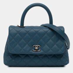Pre Owned Chanel Navy Blue Mini Quilted Caviar Coco Top Handle Bag