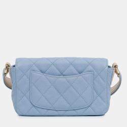 Pre Owned Chanel Beige/Blue CC Quilted Caviar Single Flap