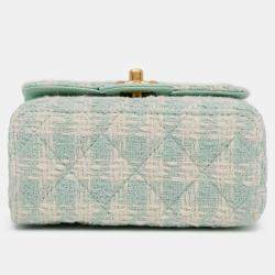Pre Owned Chanel Green White Quilted Tweed Crush Top Handle Bag