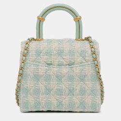 Pre Owned Chanel Green White Quilted Tweed Crush Top Handle Bag