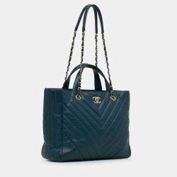 Pre Owned Chanel Blue CC Chevron Calfskin Statement Shopping Tote