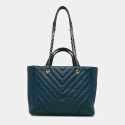 Pre Owned Chanel Blue CC Chevron Calfskin Statement Shopping Tote