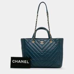 Pre Owned Chanel Blue CC Chevron Calfskin Statement Shopping Tote