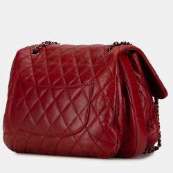 Pre Owned Chanel Red Maxi Lambskin 3 Accordion Flap