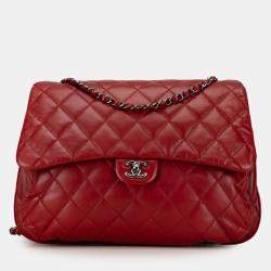 Pre Owned Chanel Red Maxi Lambskin 3 Accordion Flap