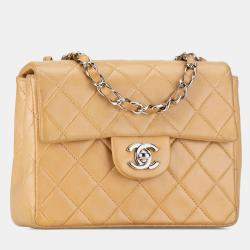 Pre Owned Chanel Brown Mini Square Classic Lambskin Single Flap