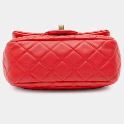 Pre Owned Chanel Red Mini Square Classic Lambskin Pearl Crush Single Flap