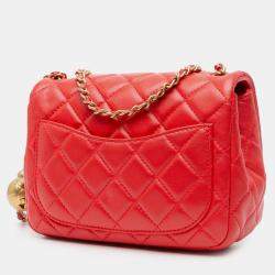 Pre Owned Chanel Red Mini Square Classic Lambskin Pearl Crush Single Flap
