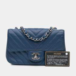 Pre Owned Chanel Blue Mini Rectangular Classic Chevron Caviar Single Flap