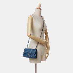 Pre Owned Chanel Blue Mini Rectangular Classic Chevron Caviar Single Flap