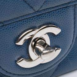 Pre Owned Chanel Blue Mini Rectangular Classic Chevron Caviar Single Flap
