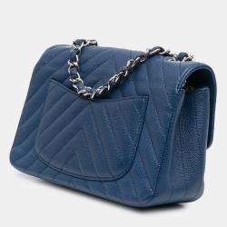 Pre Owned Chanel Blue Mini Rectangular Classic Chevron Caviar Single Flap
