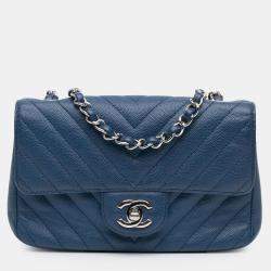 Pre Owned Chanel Blue Mini Rectangular Classic Chevron Caviar Single Flap