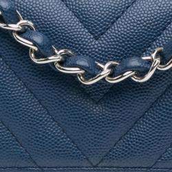 Pre Owned Chanel Blue Mini Rectangular Classic Chevron Caviar Single Flap