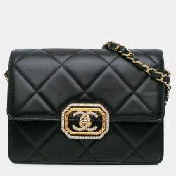 Pre Owned Chanel Black Quilted Lambskin Octagonal Buckle Crossbody