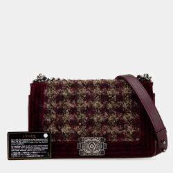 Pre Owned Chanel Burgundy Old Medium Velvet and Tweed Boy Flap