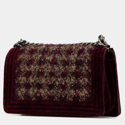 Pre Owned Chanel Burgundy Old Medium Velvet and Tweed Boy Flap
