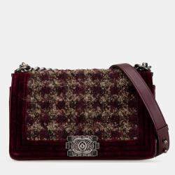 Pre Owned Chanel Burgundy Old Medium Velvet and Tweed Boy Flap