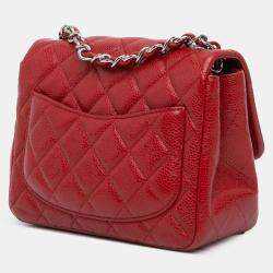 Pre Owned Chanel Red Mini Square Classic Caviar Single Flap