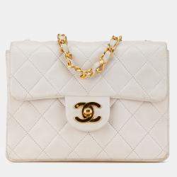 Pre Owned Chanel White Mini Square Classic Lambskin Single Flap