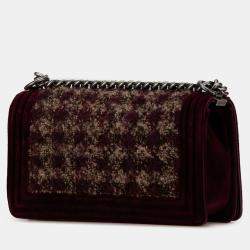 Pre Owned Chanel Red Old Medium Velvet and Tweed Boy Flap