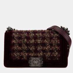 Pre Owned Chanel Red Old Medium Velvet and Tweed Boy Flap