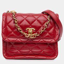 Pre Owned Chanel Red Mini Quilted Lambskin Soft Square Flap