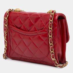 Pre Owned Chanel Red Mini Quilted Lambskin Soft Square Flap