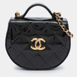 Pre Owned Chanel Black Mini CC Quilted Patent Leather Top Handle Clutch with Chain