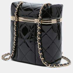 Pre Owned Chanel Black Quilted Patent Logo Chain Vanity Case