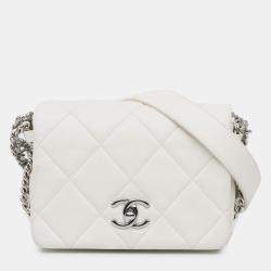 Pre Owned Chanel White Mini Quilted Lambskin Chain Rows Flap