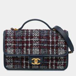 Pre Owned Chanel Blue Small Tweed School Memory Top Handle Flap