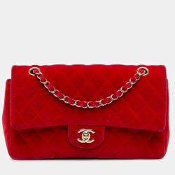 Pre Owned Chanel Red Medium Classic Velvet Double Flap
