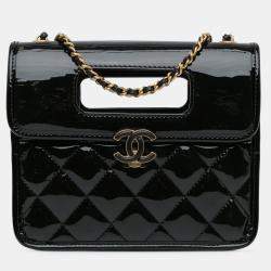 Pre Owned Chanel Black Mini Quilted Patent Graphic Catch Flap