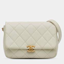 Pre Owned Chanel Cream Small Quilted Caviar Chain Melody Flap