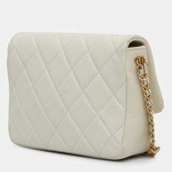 Pre Owned Chanel Cream Small Quilted Caviar Chain Melody Flap