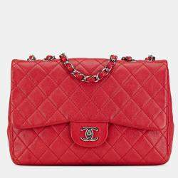 Pre Owned Chanel Red Jumbo Classic Caviar Single Flap