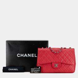Pre Owned Chanel Red Jumbo Classic Caviar Single Flap
